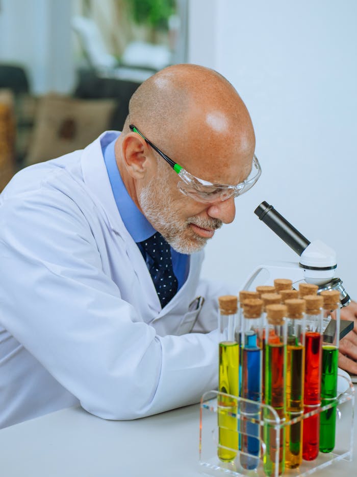 Scientist in lab coat and goggles analyzing chemical samples with a microscope.